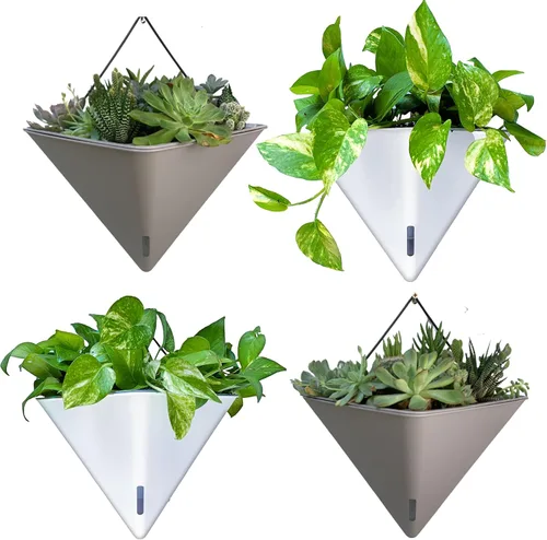 Vista 12 de LaLaGreen - Maceteros de pared para plantas de interior, paquete de 2, 12 pulgadas, grandes con autoriego, negro, geométrico, colgante, florero
