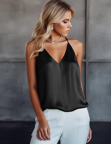 Vista 2 de Ekouaer Women's Satin Camisole Tops V Neck Lingerie Silk Camis Sleeveless Spaghetti Straps Blouse Casual Racerback Shirt