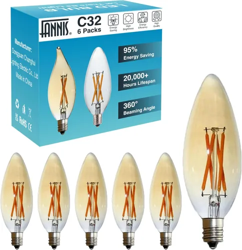 Vista 11 de Paquete de 6 bombillas LED Edison B10 C32, equivalente a 25 vatios, base E12, CRI 85-90 2700K blanco cálido, bombilla afilada de vidrio transparente