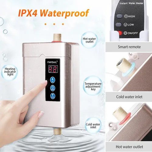 Vista 2 de Calentador de agua eléctrico sin tanque, pequeño calentador de agua instantáneo para fregadero de cocina, 3000 W 110 V, con pantalla digital LCD