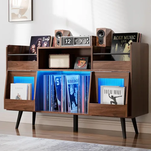 Vista 8 de Soporte grande para tocadiscos con puerta corredera, gabinete de almacenamiento para 350 discos de vinilo, mesa para tocadiscos con toma