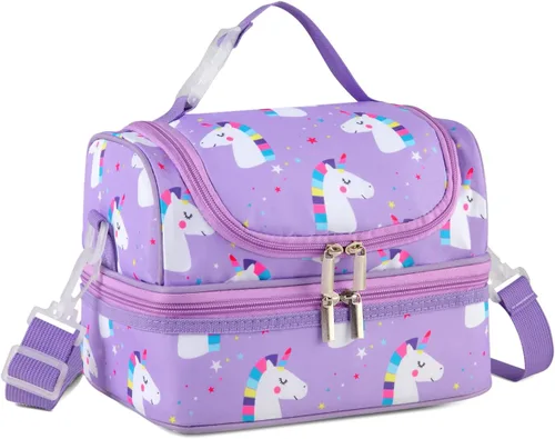 Vista 19 de VASCHY - Lonchera para niños, bolsas de almuerzo aisladas de dos compartimentos para niños y niñas con correa para el hombro para la escuela