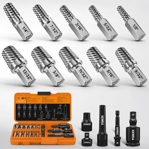 Vista 10 de XEWEA Juego de 13 extractores de tornillos multilínea Easy Out Bolt Extractor Kit de extractor de pernos de cabeza hexagonal de acero de aleación