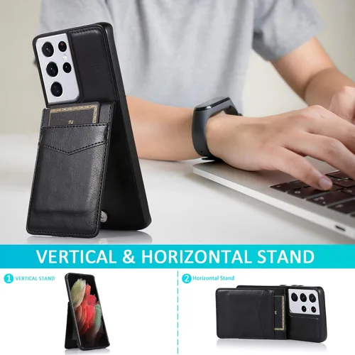 Vista 3 de Funda de teléfono para Samsung Galaxy S21 Ultra Glaxay S21ultra 5G con protector de pantalla de vidrio templado y tarjetero para tarjetas de Negro