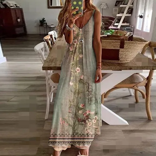 Vista 2 de Ceboyel Vestido largo de verano con tirantes delgados florales para mujer, vestido largo de verano con cuello en V, sexy, bohemio, ropa de playa
