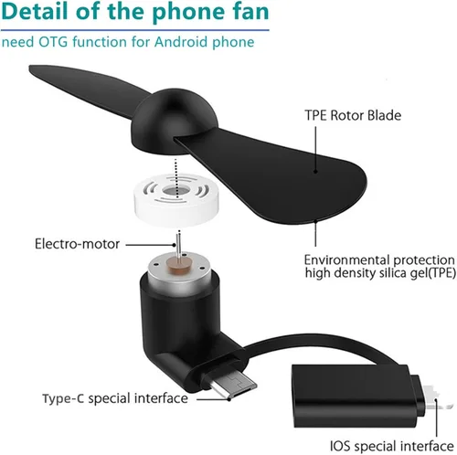 Vista 3 de Mini ventilador de teléfono celular 2 en 1 para teléfonos celulares iPhone y Android con puerto tipo C/USB C (paquete de 4) - Pequeño ventilador