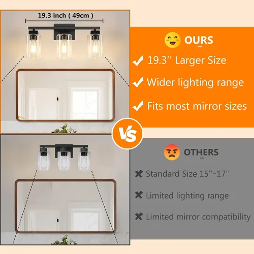Vista 2 de Lámpara de baño de 3 luces de 19 pulgadas, moderna lámpara de tocador negra, accesorios de iluminación de baño sobre espejo, lámpara de aplique
