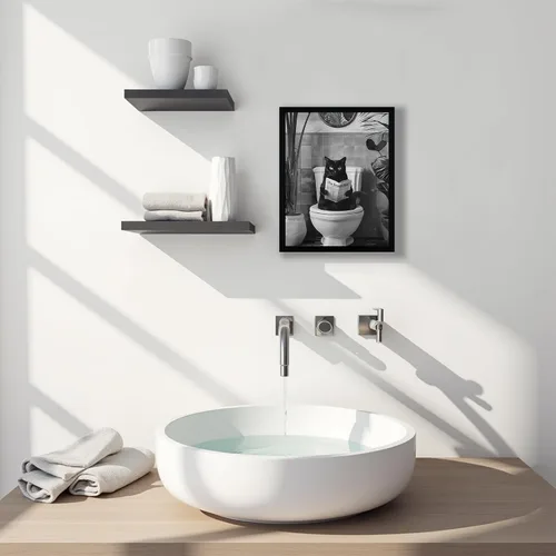 Vista 3 de SYWENNOI Arte de Pared en Lienzo Enmarcado en Blanco y Negro para Baño, Divertido Gato Negro Sentado en el Inodoro Leyendo Periódico Decoración