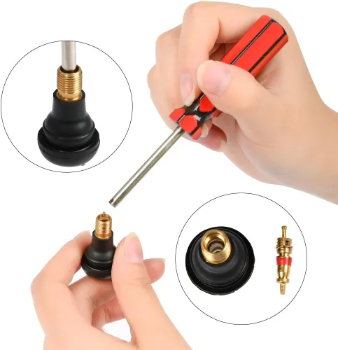 Vista 5 de FOCCTS Kit de 17 herramientas de vástago de válvula de neumático, 6 piezas TR412 sin cámara TR412 con núcleos de vástago de válvula, herramienta