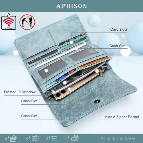 Vista 4 de Aphison - Cartera larga de cuero suave RFID para mujer, con caja de regalo