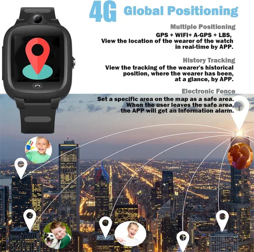 Vista 2 de TEZILON Reloj inteligente GPS 4G para niños, seguimiento global en tiempo real, videollamadas y texto Geo-Fence SOS Alerta de emergencia Mensaje