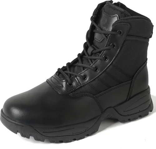 Vista 10 de Botas militares tácticas de trabajo para hombre, de piel negra, impermeables, para motocicleta, combate, militar, con cremallera lateral