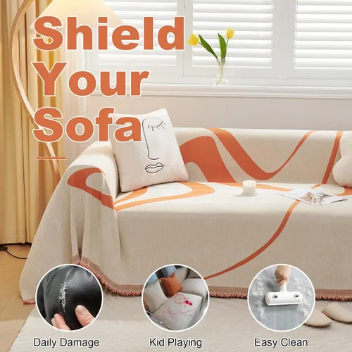 Vista 5 de VClife Funda para Sofá Lavable de Felpa Funda de Sofá Slipcover con Borlas 71''x150''- Funda de Sofá Moderna Minimalista de Jacquard a Rayas Blanco
