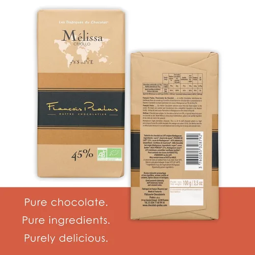 Vista 3 de François Pralus Melissa 45% Chocolate con leche, paquete de 3 unidades, chocolate francés, grano a barra, comercio directo, sin gluten, sin soja