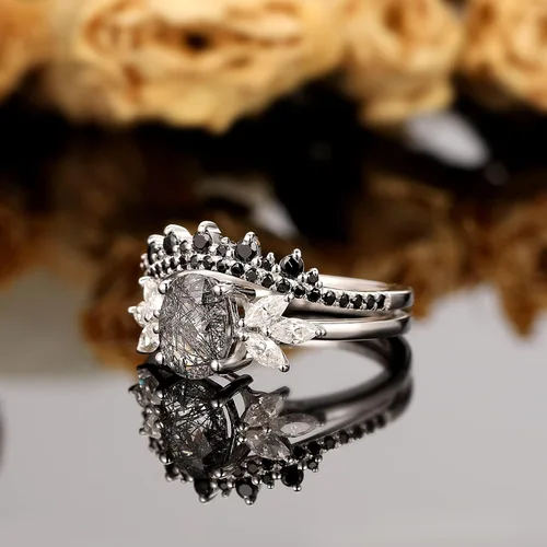 Vista 4 de Juego de anillos nupciales de cuarzo rutilado negro natural