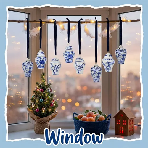 Vista 8 de Goaste Paquete de 4 mini adornos de tarro de jengibre, colgante colgante de Navidad, adornos colgantes de cerámica chinoiserie, decoración de árbol
