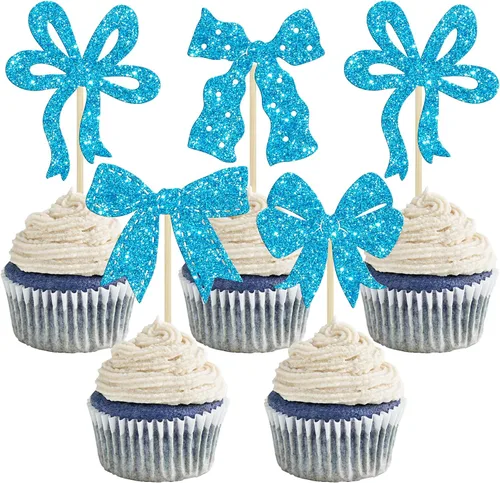Vista 17 de Ephlyn 24 adornos para cupcakes con lazo para decoración de pastel de cumpleaños, decoración de fiesta de cumpleaños para niñas, decoración de Negro