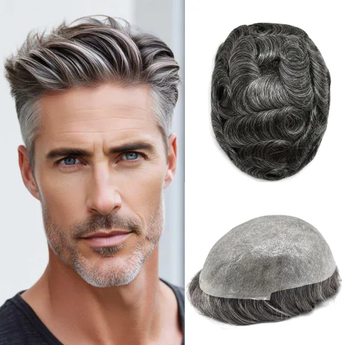 Vista 65 de 0.002 in ultra fina piel tupé Remy cabello humano piezas para hombres V-Looped sistema de pelo para hombre tupé pelo tupé para hombres protesis