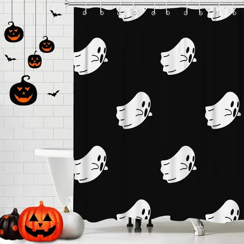 Vista 13 de Bonita cortina de ducha de Halloween, fantasmas divertidos y espeluznantes, juego de cortina de ducha de poliéster blanco y negro con 12 ganchos