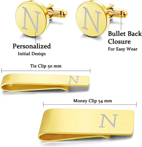 Vista 6 de LOYALLOOK 4Pcs Stainless Steel Engraved Initial Cufflinks and Tie Bar Money Clip Set Personalized Button Shirt Initials Tie Clip Alphabet Letter A-Z