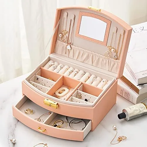 Vista 3 de U-D Cajas organizadoras de joyas para mujer, 2 capas, con bandeja desmontable y cajón (rosa)