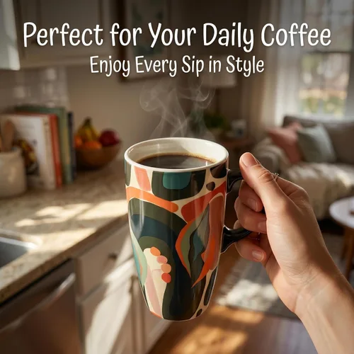 Vista 4 de DUSVALLY Taza de viaje de cerámica de 17 onzas con tapa, taza de café de arte abstracto, taza de té moderna de mediados de siglo con asa, apta