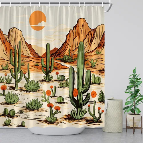 Vista 3 de Cortina de ducha occidental, cactus, montaña, desierto, paisaje, étnico, azteca, americano, vaquero, decoración de baño, cortinas de tela con ganchos