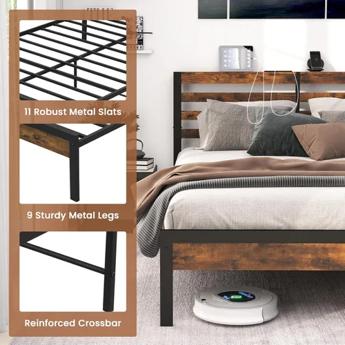 Vista 5 de Giantex Base de cama de metal con estación de carga, plataforma industrial con cabecera de almacenamiento, base de colchón resistente, fácil