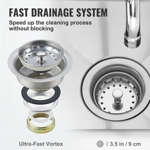 Vista 5 de VEVOR Fregadero de acero inoxidable para preparación y utilidad, fregadero pequeño de pie con 1 compartimento, incluye grifo y patas, fregaderos