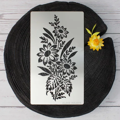 Vista 5 de Aleks Melnyk No.273 - Plantilla de metal, girasol en un ramo con flores silvestres, flor de hoja, plantilla pequeña, 1 unidad, plantilla para leña