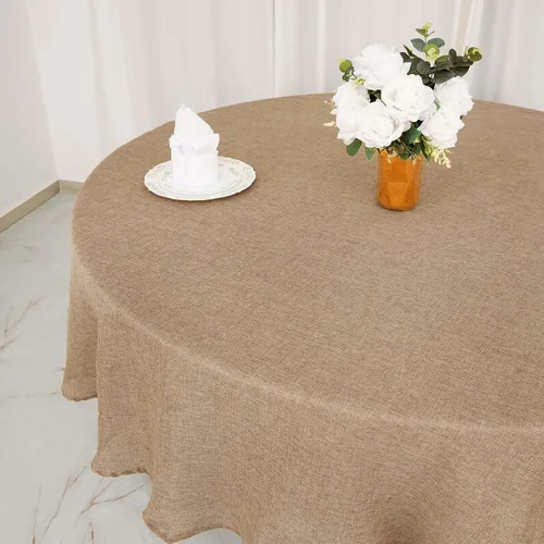 Vista 8 de Efavormart Mantel Redondo de Arpillera Sintética de Yute Natural de 90 Pulgadas - Cubierta de Mesa Rústica Boho Chic Estilo Granja para Navidad