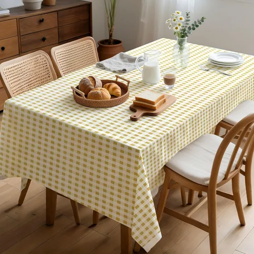 Vista 7 de Paquete de 3 manteles dorados de Gingham, mantel desechable de plástico a cuadros dorado y blanco de 54 x 108 pulgadas rectangular, mantel