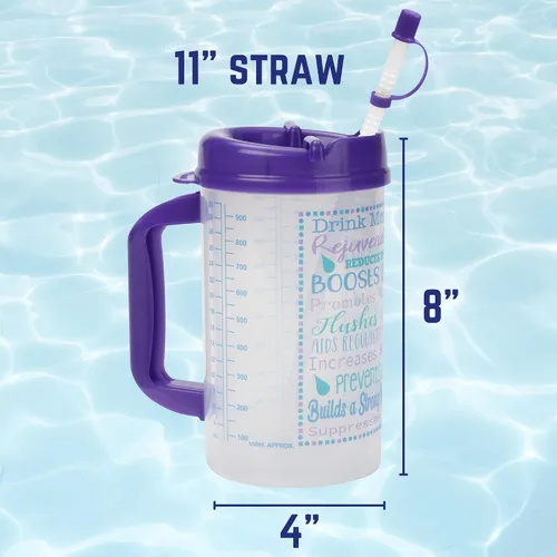 Vista 6 de Vaso de hospital con seguimiento de agua de bebida para medición diaria de ingesta con pajilla, taza de 32 onzas con tapa (morado)