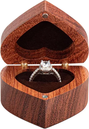 Vista 2 de Caja de Anillo de Propuesta de Compromiso Delgada de Madera en Forma de Corazón Caja Portador Soporte de Anillos para Ceremonia de Boda, Día de Una