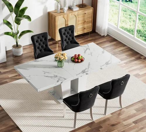 Vista 18 de Juego de mesa de comedor extensible marrón de 63 a 78.74 pulgadas para 4, juego de mesa de comedor de 5 piezas con 4 sillas, mesa de cocina