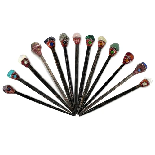 Vista 7 de Mia Jewel Shop - Varillas de madera con piedras preciosas curativas naturales surtidas – Palillos para el cabello hechos a mano para mujeres
