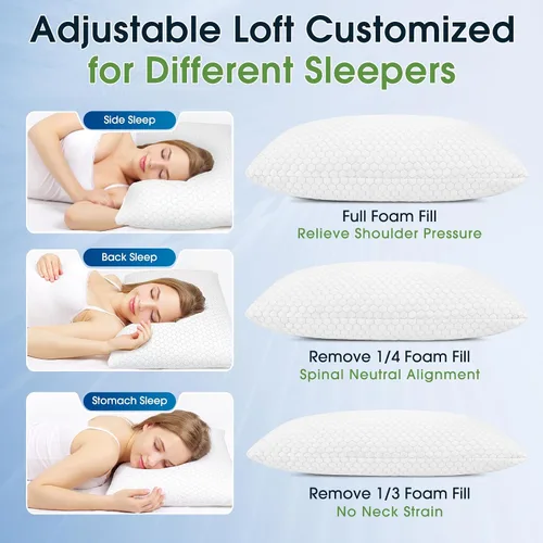 Vista 3 de CushyOasis - Juego de 2 almohadas de espuma viscoelástica triturada para dormir, almohadas de cama con sistema de enfriamiento, almohadas ajustables