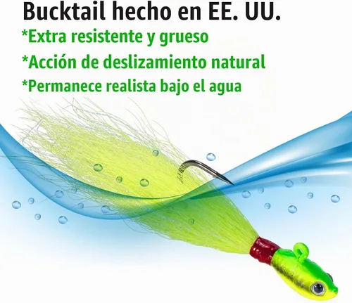 Vista 4 de Dr.Fish Paquete de 3 señuelos de cola de cubo para el cabello, señuelos de agua salada y dulce para pesca de surf, pesca, blanco, rojo, Chartreuse