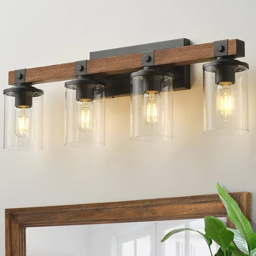 Vista 9 de Lámpara de tocador de granja para baño, accesorios de iluminación rústica de madera Luces de baño de 2 luces sobre espejo vintage de pared