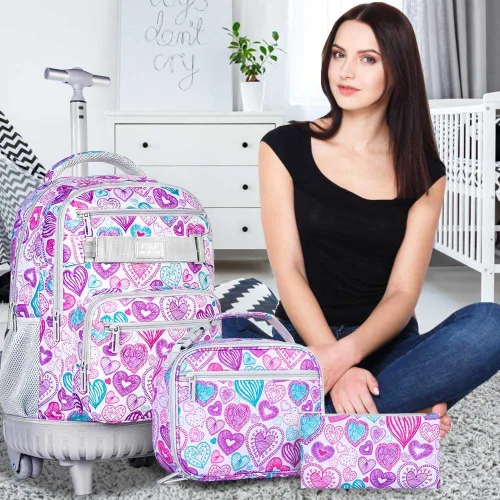 Vista 2 de ZLYERT Mochila con ruedas para mujeres y hombres, mochila con ruedas para niñas y niños, mochila de viaje para adultos, Amor Gris, Moderno