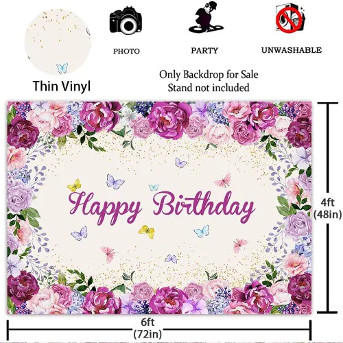 Vista 4 de Mocsicka Telón de fondo de fiesta floral de mariposa para bebés, niñas, hada, princesa, feliz cumpleaños, fotografía de fondo, vinilo para niños