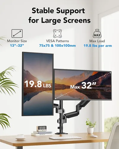 Vista 2 de HUANUO Soporte de monitor dual hasta 32 pulgadas, soporte de monitor más alto que sostiene 19.8 libras, brazo de monitor dual para escritorio