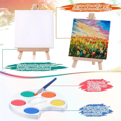 Vista 3 de Crtiin Mini juego de pintura de acuarela, regalos de 4 x 4 pulgadas, pequeños kits de pintura en lienzo con pinturas de caballete, pincel, fiesta