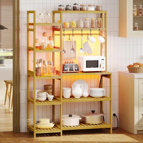 Vista 3 de Estante para panaderos con toma de corriente, barra de café, estantes de cocina de 10 niveles con 8 ganchos, soporte para microondas, estante