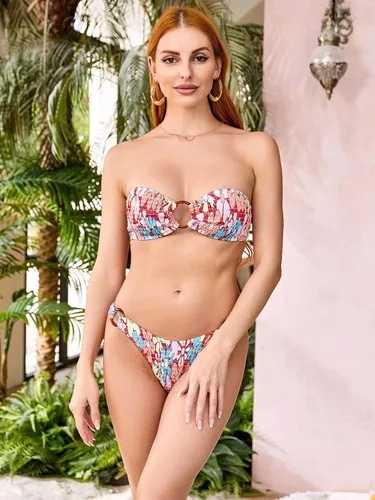 Vista 18 de WDIRARA Conjunto de bikini de 2 piezas sin tirantes para mujer