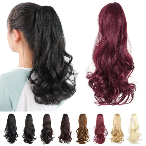 Vista 7 de Pinza de extensiones de cola de caballo de cabello rojo para mujer, postizo de cabello rizado de 16 pulgadas, extensiones de cabello sintético