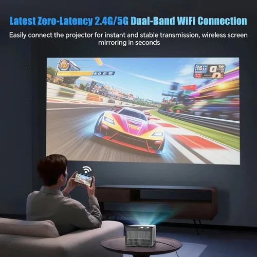 Vista 4 de [Netflix oficialmente y aplicaciones integradas] Mini proyector con WiFi y proyector Bluetooth HD 1080P, 1200 ANSI, proyector de video automático