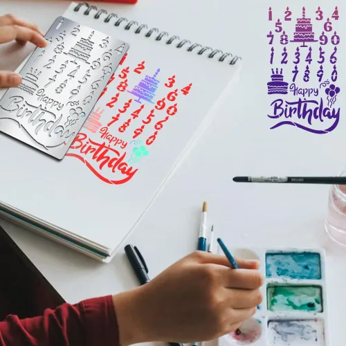 Vista 5 de MAYJOYDIY Plantillas de metal de feliz cumpleaños, plantilla de diario de metal, feliz cumpleaños, pastel, número, velas, marcapáginas, plantillas