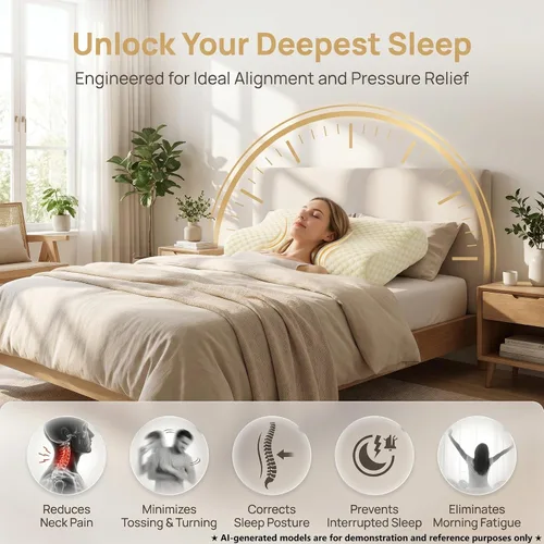 Vista 2 de Almohada cervical de espuma viscoelástica para aliviar el dolor de cuello, diseño de contorno ergonómico con funda de punto de seda de hielo lavable