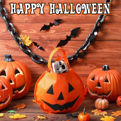 Vista 2 de 24 bolsas de calabaza de Halloween de 11.8 x 9.8 pulgadas, no tejidas, bolsas de truco o trato, cara de calabaza, caramelos, bolsa de regalo